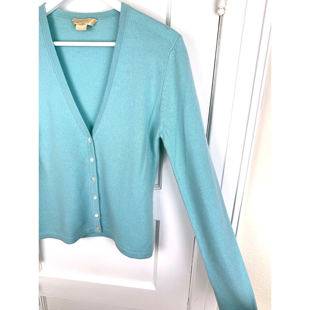Michael Kors 100% Cashmere V-Neck Cardigan M Pastel Teal Blue Italian Yarn - Picture 10 of 16